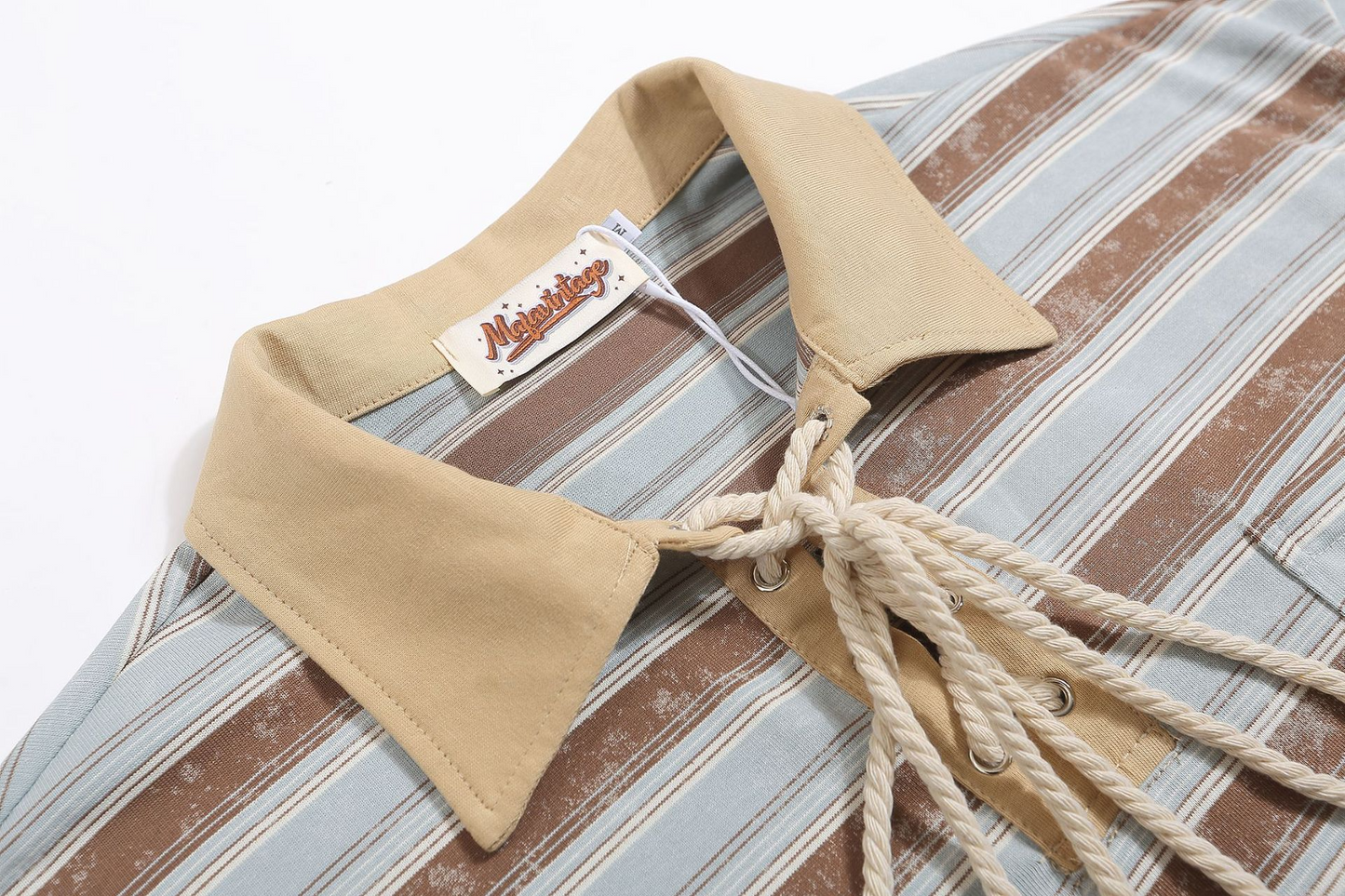 Lace-Up Striped Polo Shirt with Embroidered Pocket