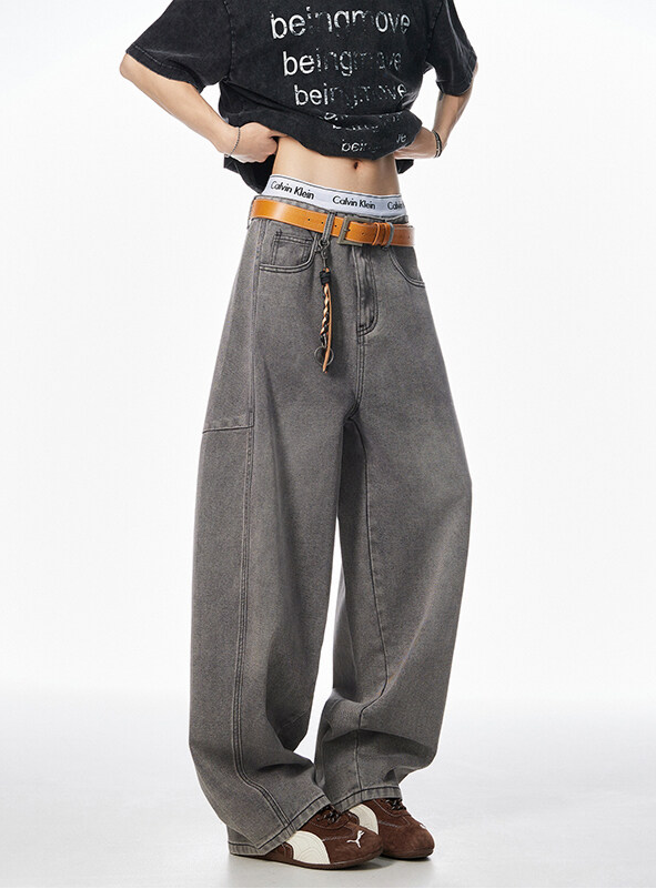 Barrel Silhouette Faded Denim Pants