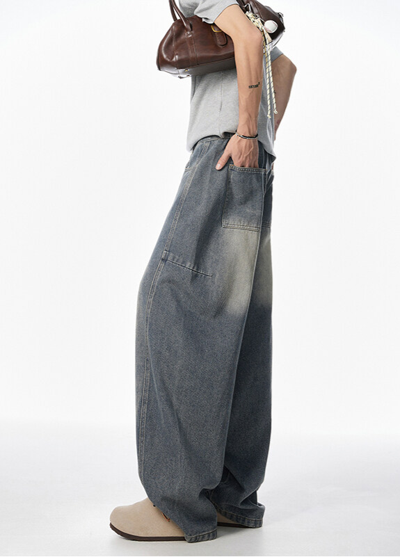 Barrel Silhouette Faded Denim Pants