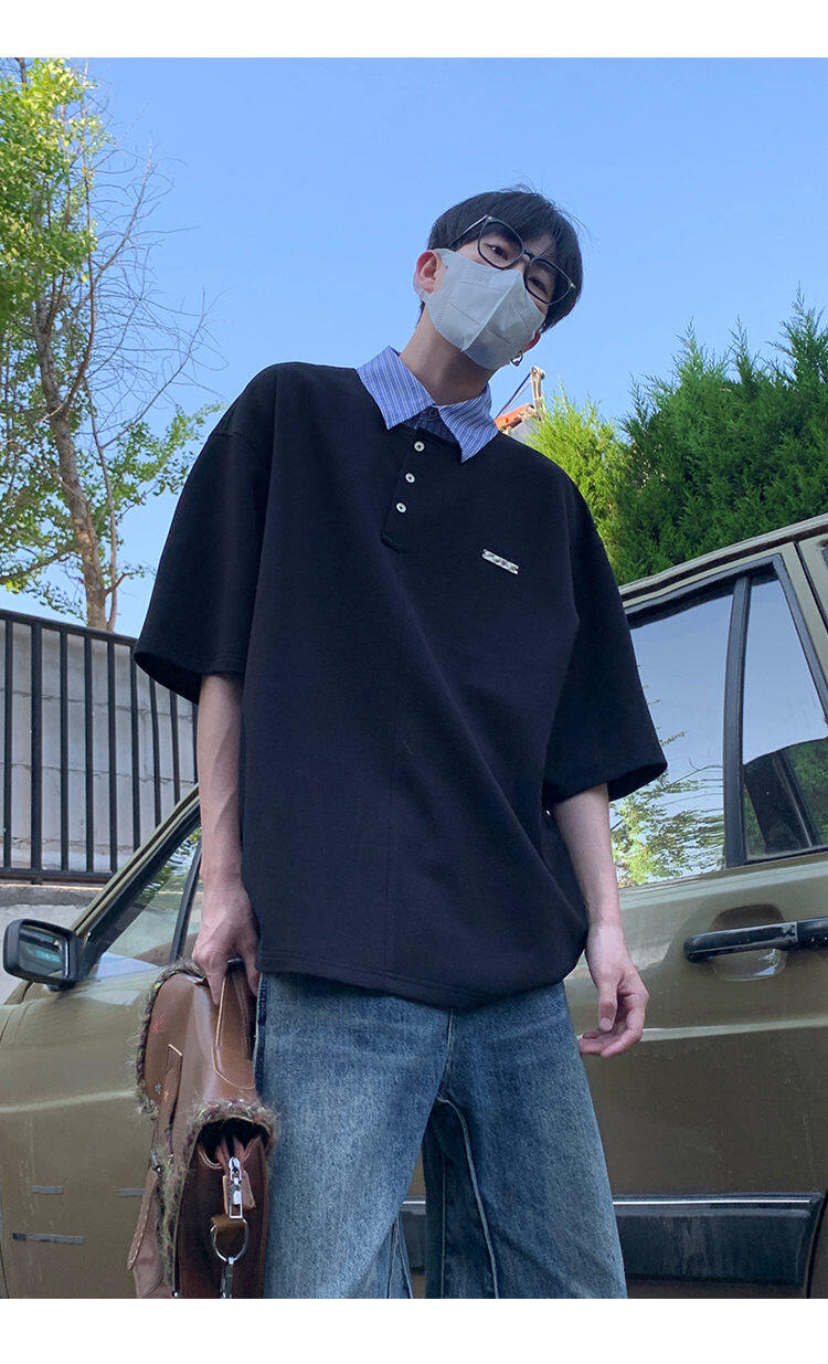 Layered Collar Half Sleeve Polo Sweatshirt