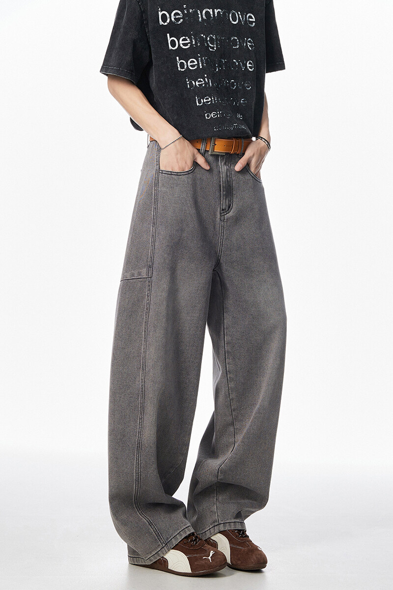 Barrel Silhouette Faded Denim Pants