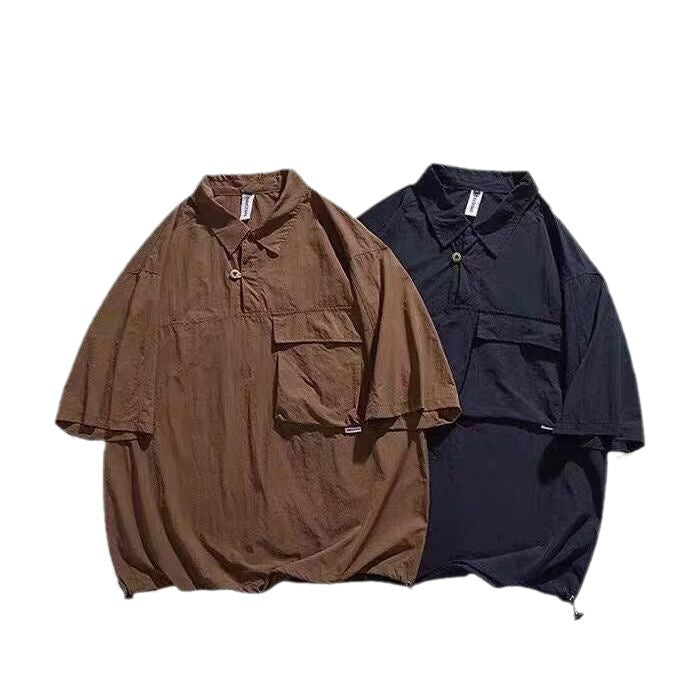 Half Button Utility Pocket Oversized Shirt