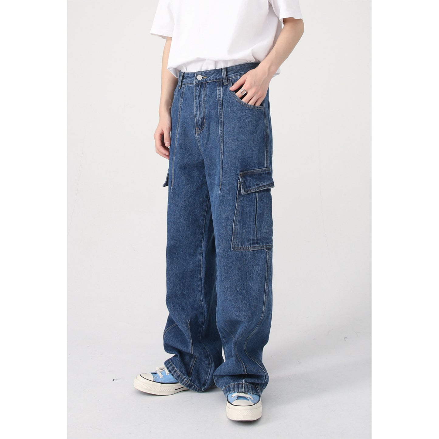Wide-Leg Utility Denim Cargo Pants
