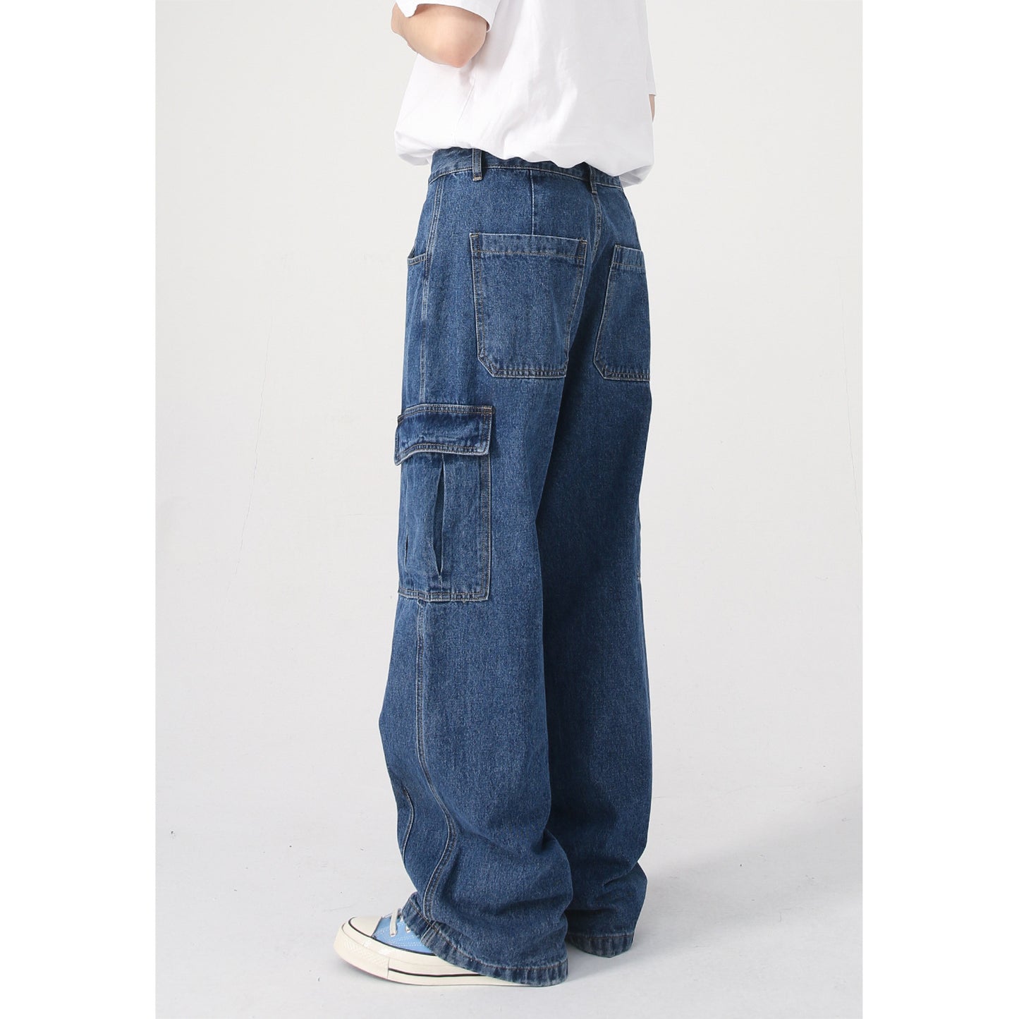 Wide-Leg Utility Denim Cargo Pants