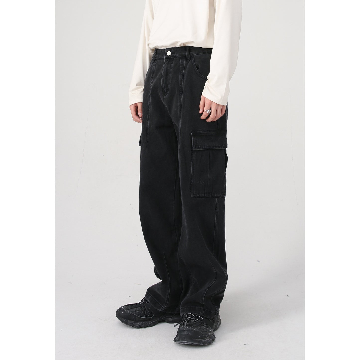 Wide-Leg Utility Denim Cargo Pants