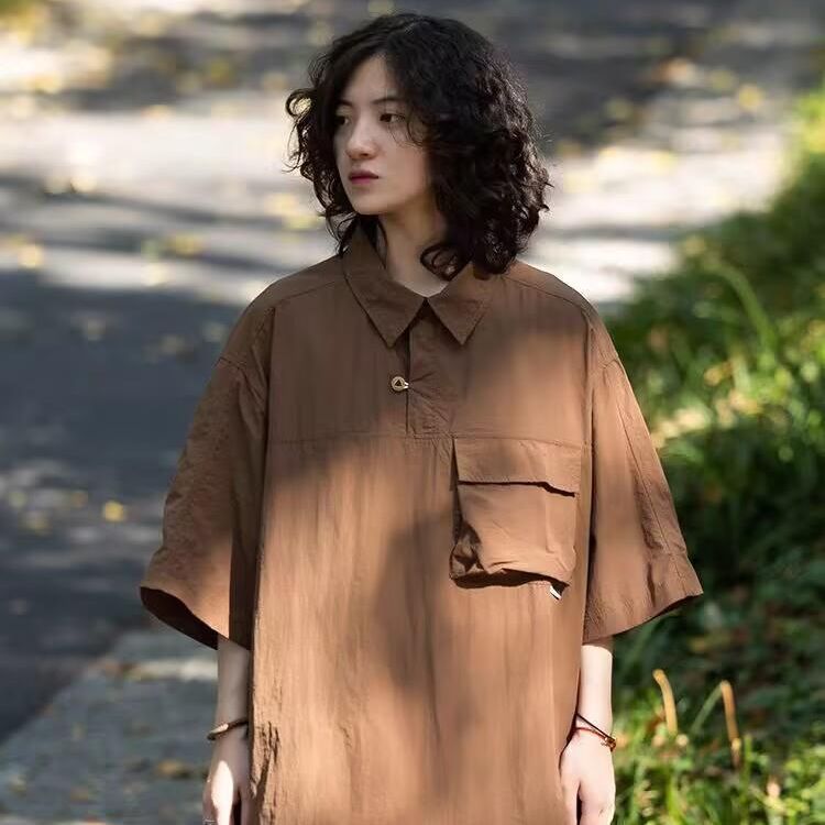 Half Button Utility Pocket Oversized Shirt