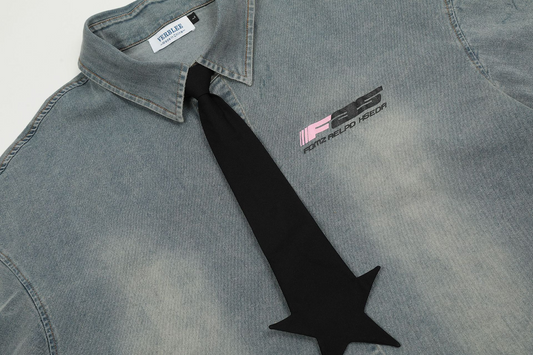 Faded Graphic Denim Shirt with Star Tie