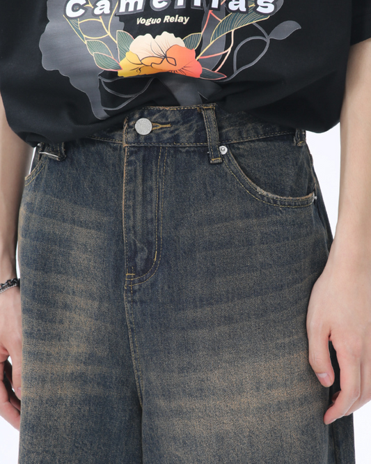 Vintage Washed Wide-Leg Denim Half Pants