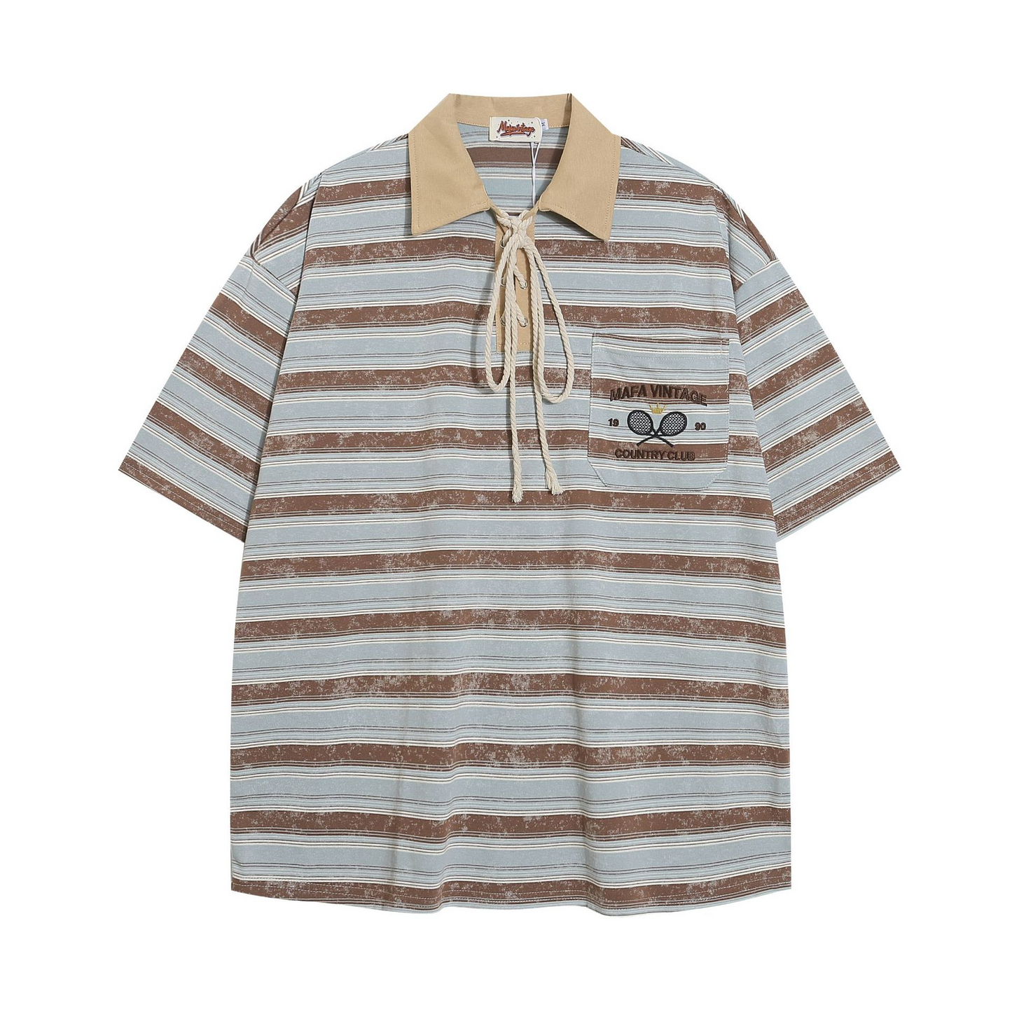 Lace-Up Striped Polo Shirt with Embroidered Pocket