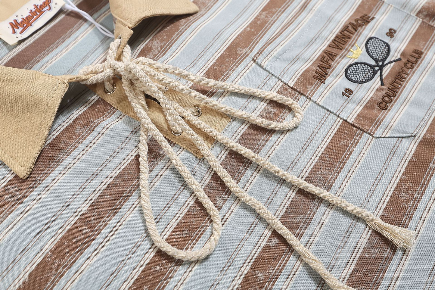 Lace-Up Striped Polo Shirt with Embroidered Pocket
