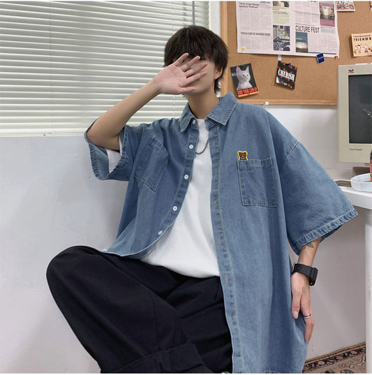 Vintage Wash Oversized Denim Shirt with Bear Patch