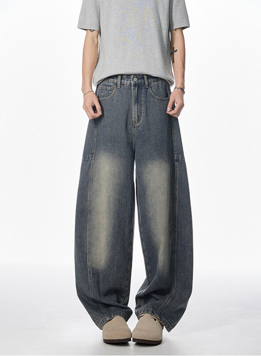 Barrel Silhouette Faded Denim Pants