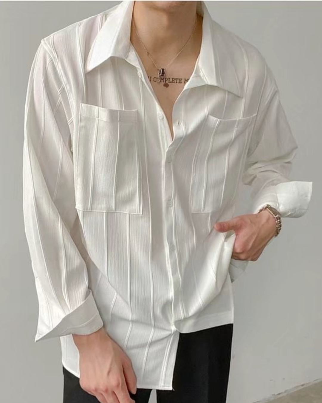 Textured Double Pocket Open-Collar Shirt