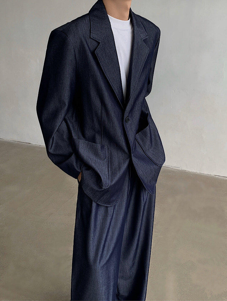 Oversized Dark Denim Set-Up Jacket & Wide Trousers
