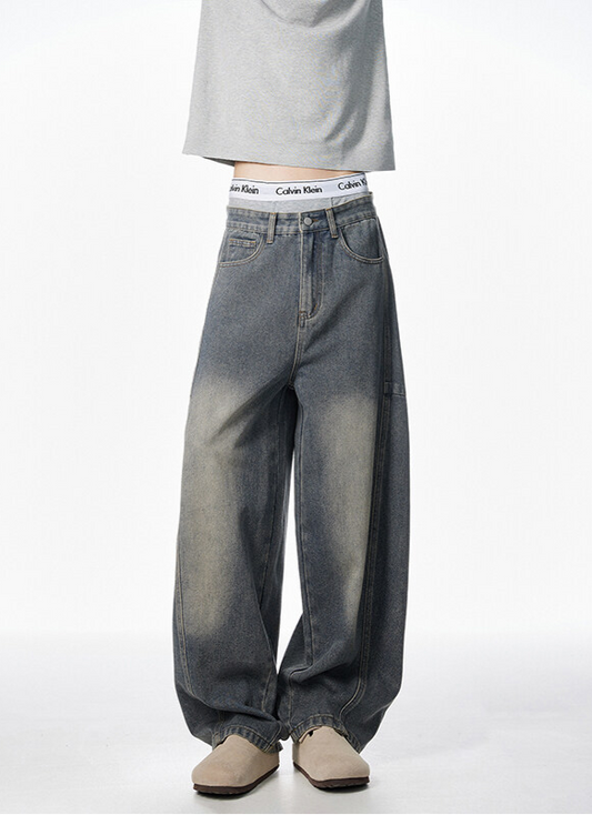 Barrel Silhouette Faded Denim Pants