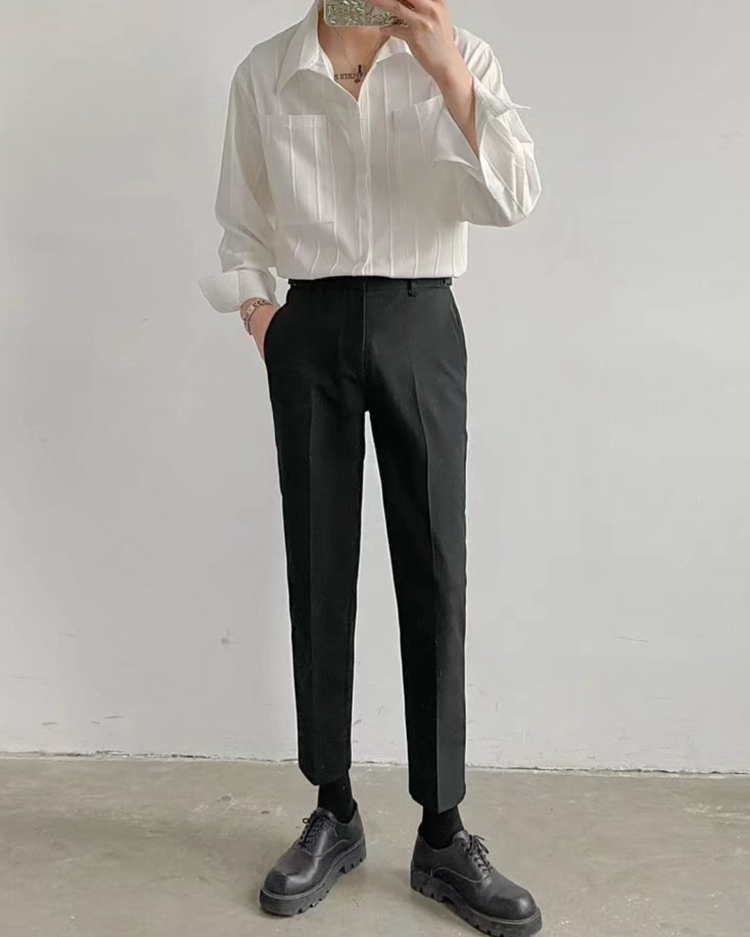 Textured Double Pocket Open-Collar Shirt