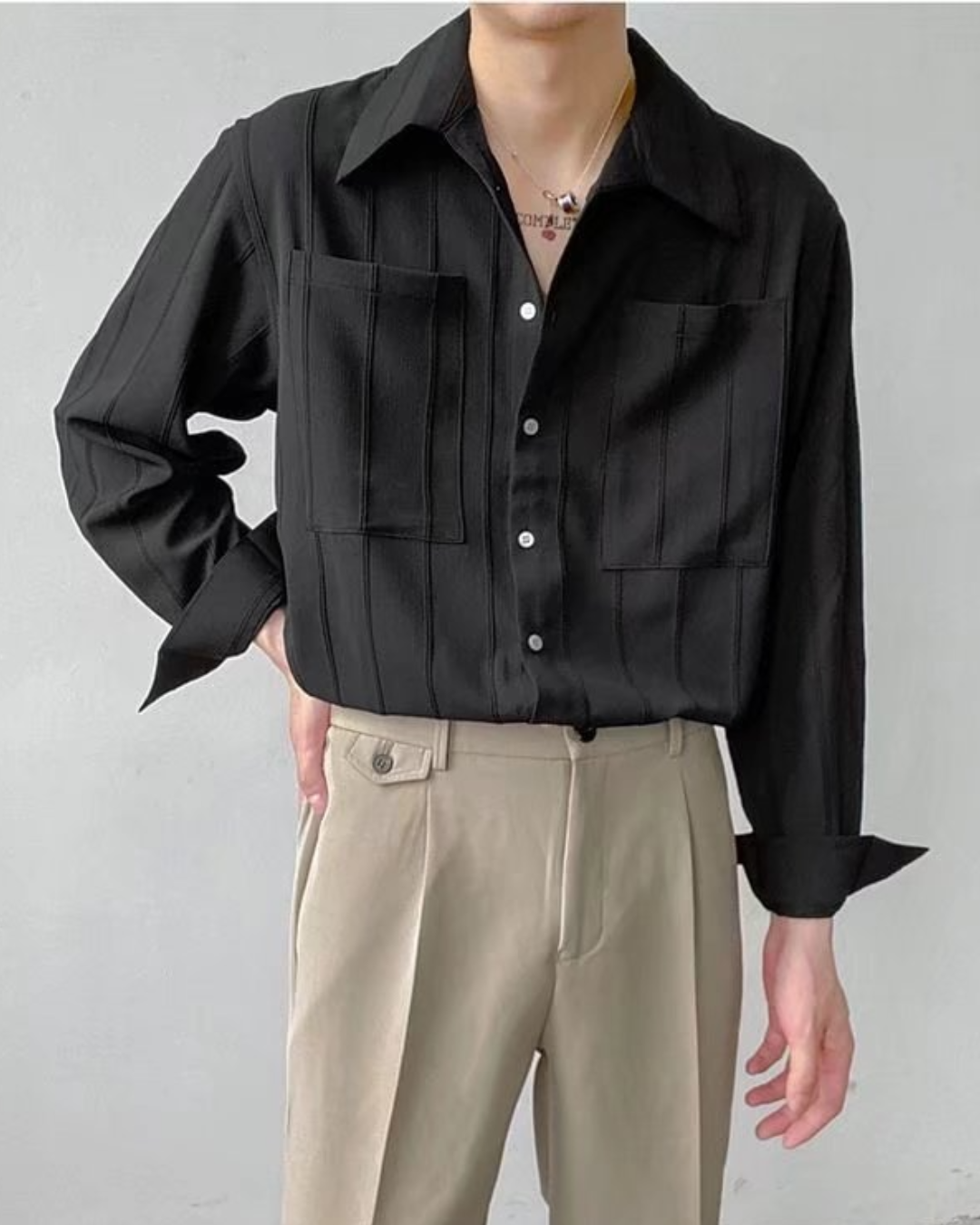 Textured Double Pocket Open-Collar Shirt