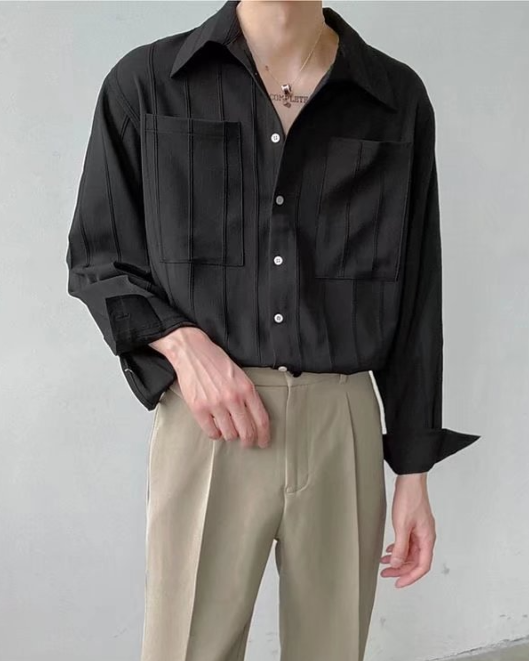 Textured Double Pocket Open-Collar Shirt