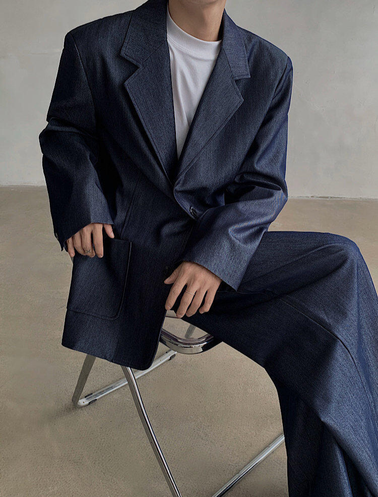 Oversized Dark Denim Set-Up Jacket & Wide Trousers