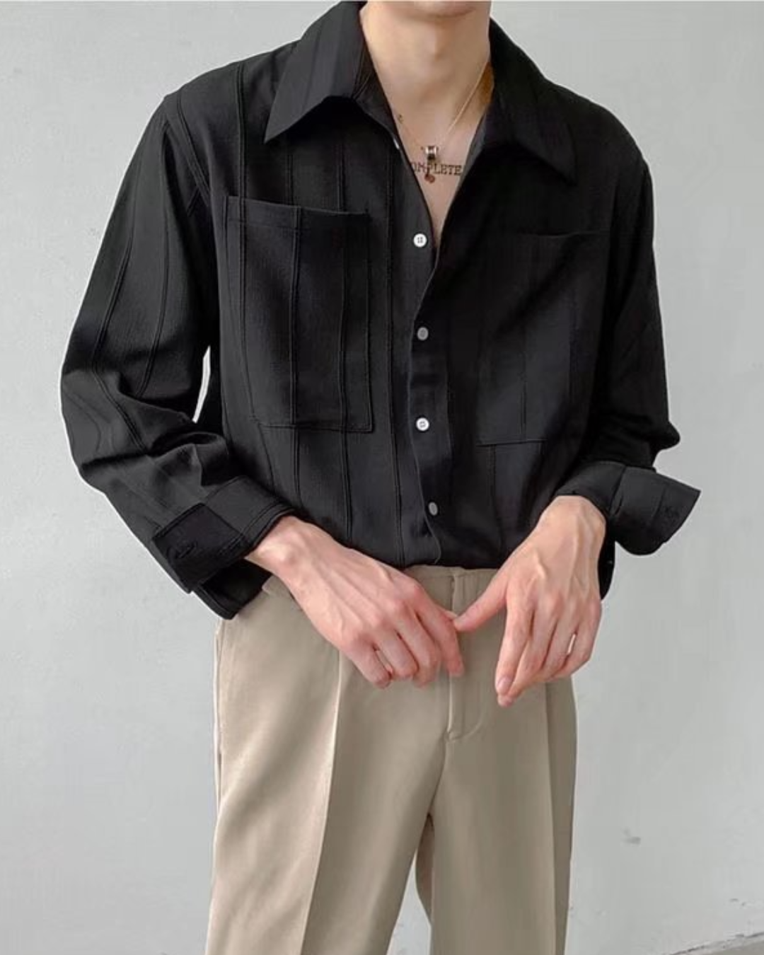 Textured Double Pocket Open-Collar Shirt