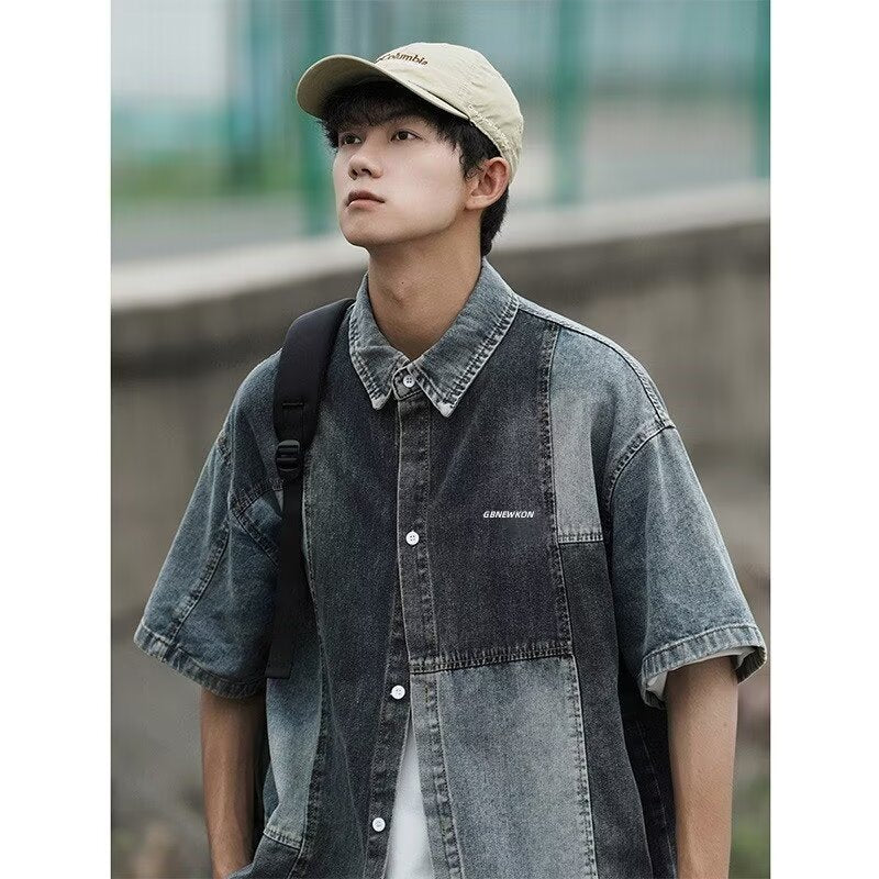 Patchwork Vintage Washed Denim Short Sleeve Shirt