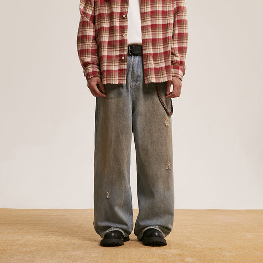 Vintage Washed Wide-Leg Distressed Jeans
