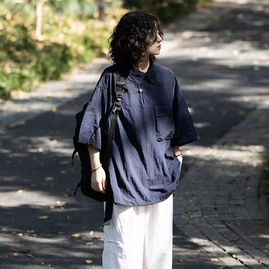 Half Button Utility Pocket Oversized Shirt