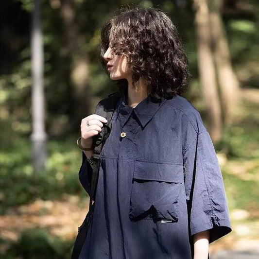 Half Button Utility Pocket Oversized Shirt