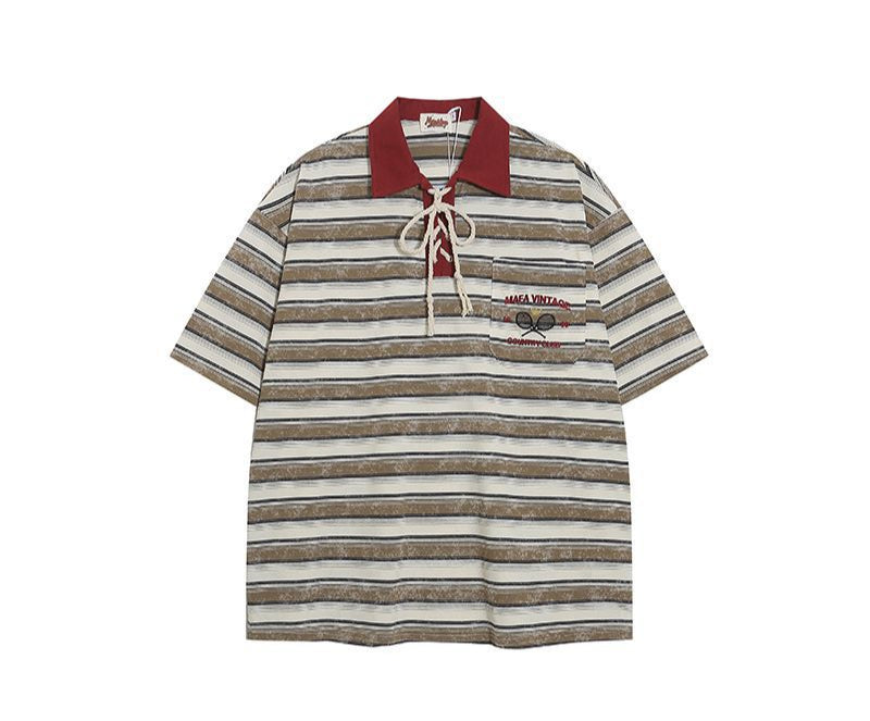Lace-Up Striped Polo Shirt with Embroidered Pocket