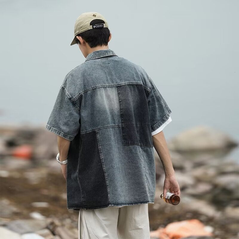 Patchwork Vintage Washed Denim Short Sleeve Shirt