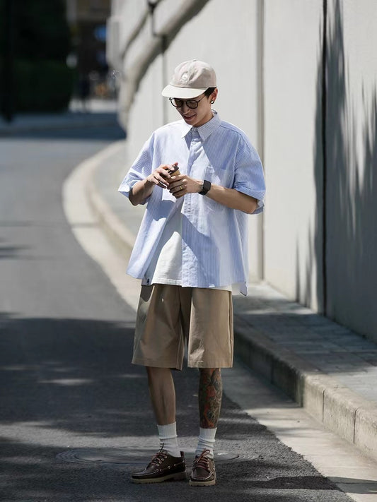 Oversized Cotton Striped Short Sleeve Shirt