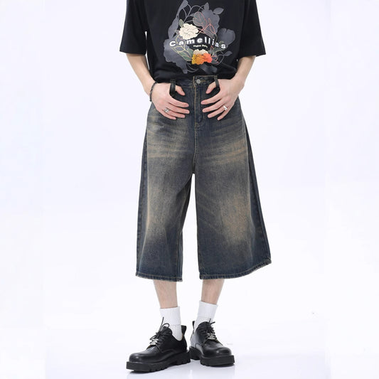 Vintage Washed Wide-Leg Denim Half Pants