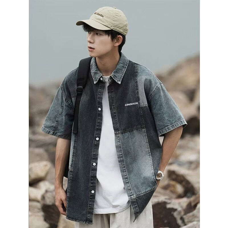 Patchwork Vintage Washed Denim Short Sleeve Shirt