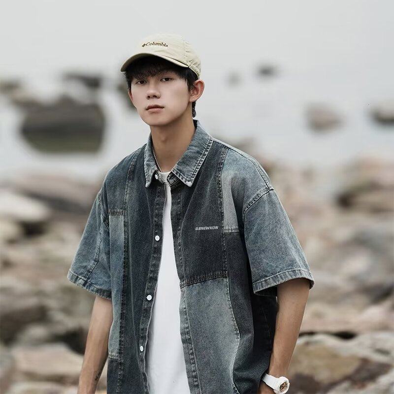 Patchwork Vintage Washed Denim Short Sleeve Shirt